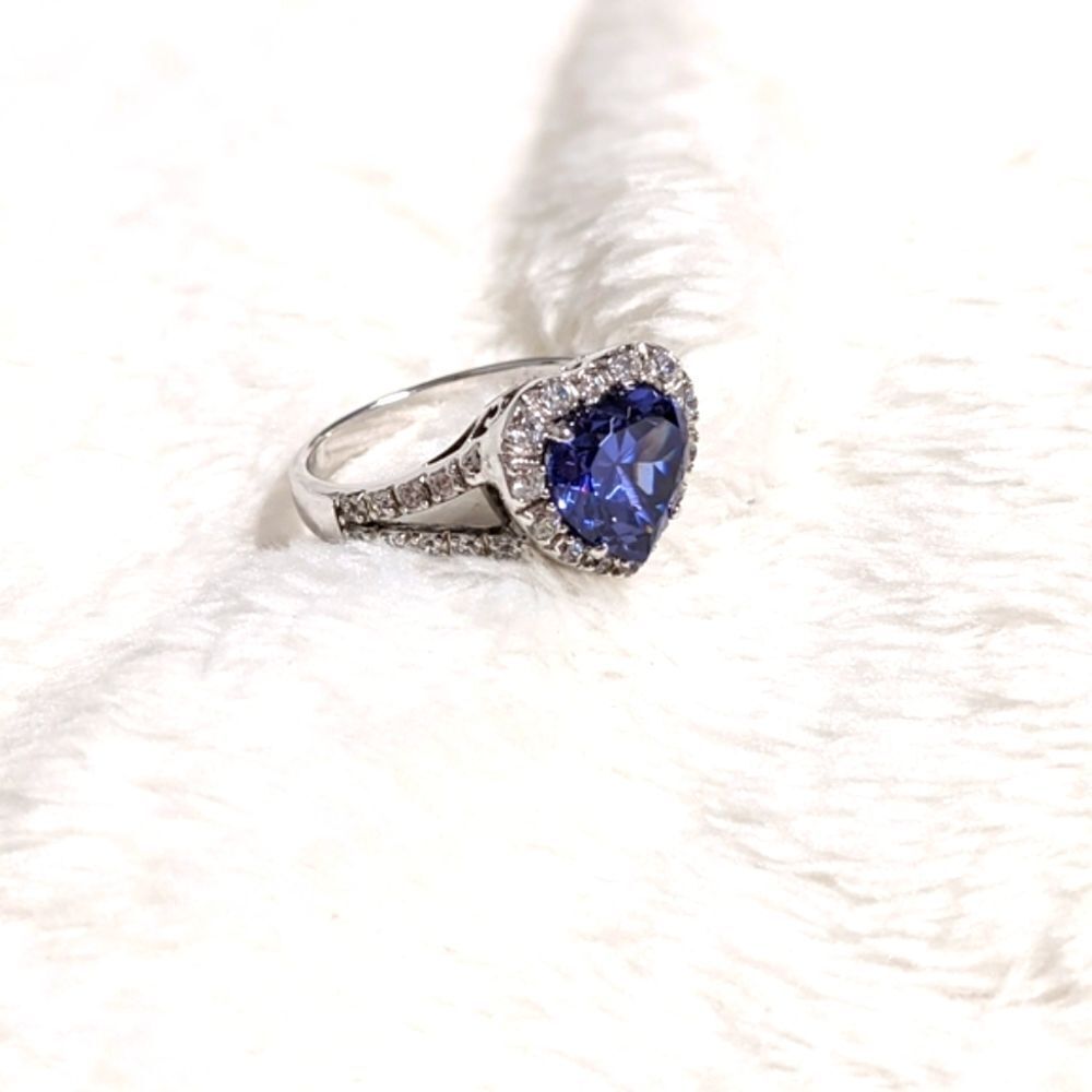 NWOT Heart Shaped Simulated Sapphire & Cubic Zirconia, Sterling Silver Ring - Picture 4 of 14